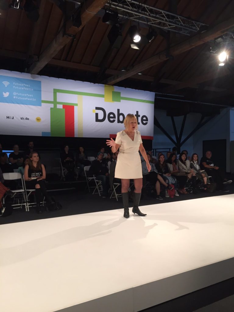 Cindy Gallop on the Debate stage at FutureFest 2016